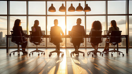 Silhouettes of business people meeting in conference room at sunset.の素材