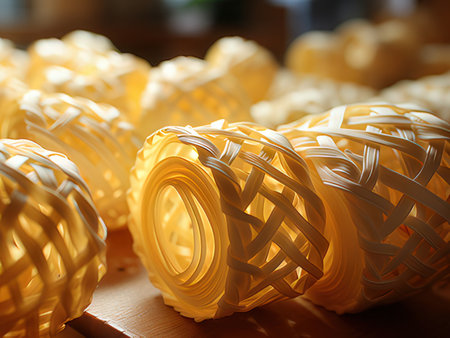 wicker basket on wooden table, closeup of photo with shallow depth of fieldの素材