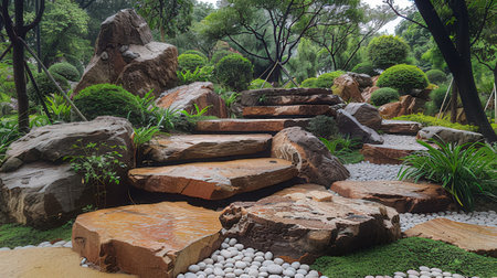 Stone walkway in the garden with green plants and rock background.の素材