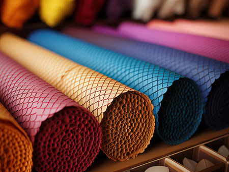 Close up of colorful fabric rolls in a textile shop. Selective focus.の素材