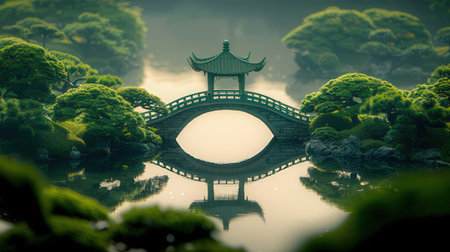 Japanese garden with pond and bridge in the morning, selective focus.の素材