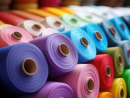 Rolls of colorful fabric as background, closeup. Textile industryの素材