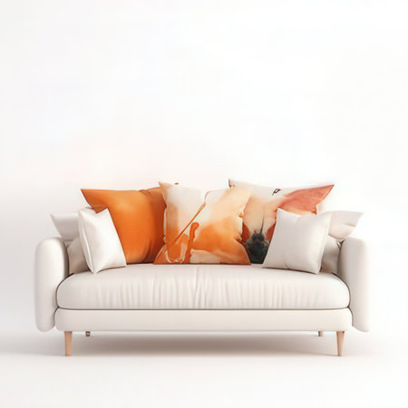 modern sofa with orange pillows on white background. 3d renderの素材