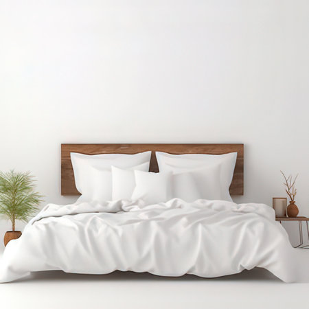 Modern bedroom interior with white linen on the bed, 3d renderの素材