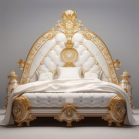 Luxury royal bed with gold ornaments. 3d renderの素材