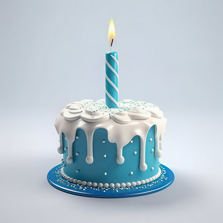 Birthday cake with blue candle on a gray background. 3d renderingの素材