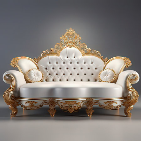 Luxury white armchair with golden pattern. 3d renderの素材