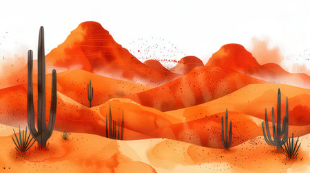 Desert landscape with cactuses and mountains. Vector illustration.の素材