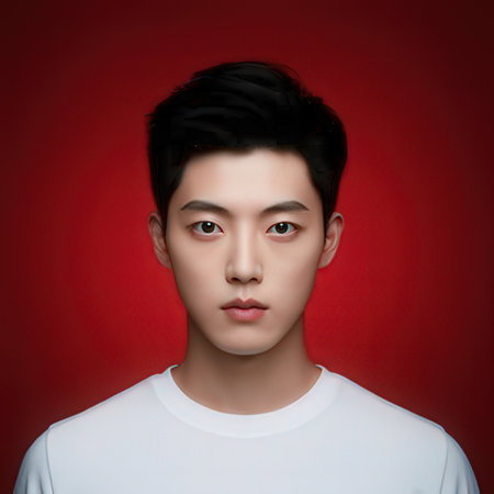 Portrait of handsome asian man in white t-shirt on red backgroundのeditorial素材