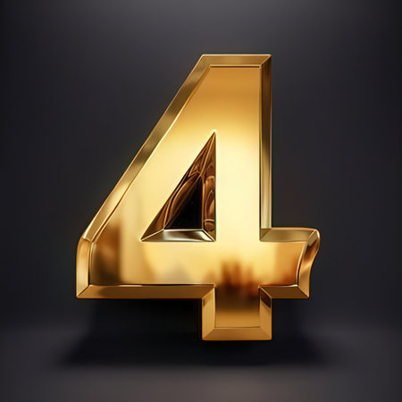 Golden number 4 uppercase. 3D rendered glossy gold font isolated on black background.の素材