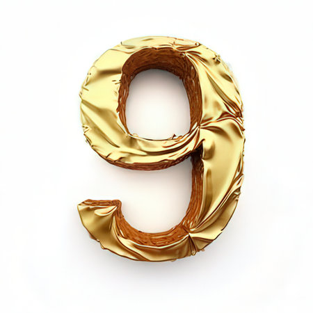 Number 9 made of crumpled golden foil isolated on white backgroundの素材
