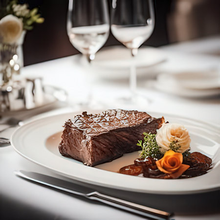 steak on the table in a restaurant with wine glasses and flowersの素材