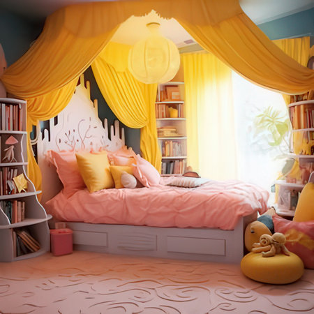Children's room with a beautiful bed and toys. 3d renderingの素材