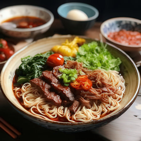 Ramen noodles with beef and vegetables in bowl on table, closeupの素材