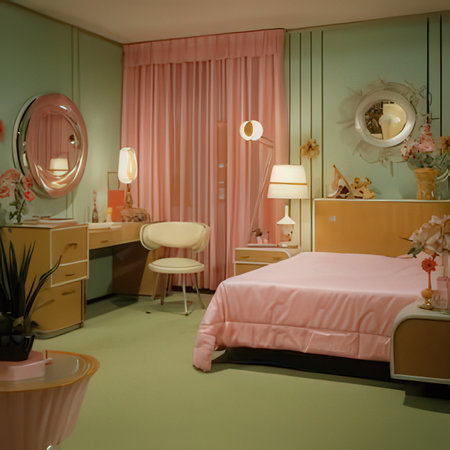 Interior of a modern bedroom with pink walls, furniture and mirrorの素材