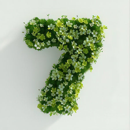 Number 7 made of green flowers on white background. 3D renderingの素材