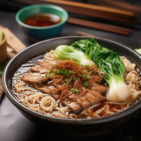 Korean style noodle soup with pork and vegetables, close upの素材
