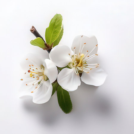 Cherry blossom on white background, top view. Spring flowersの素材