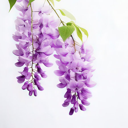 Purple wisteria flowers isolated on white background with copy spaceの素材