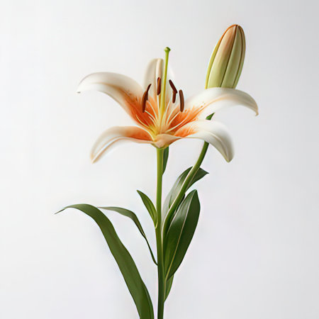 White lily on a white background. Place for your text.の素材