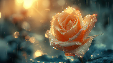 Beautiful orange rose with water drops on blurred bokeh backgroundの素材