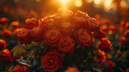 Bouquet of red roses on the background of the setting sunの素材