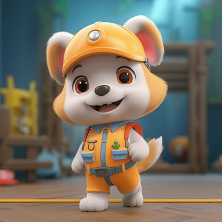 Cute cartoon bear in the construction site. 3D rendering.のeditorial素材