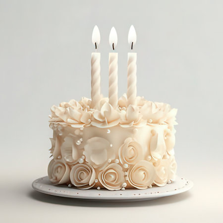 Birthday cake with candles on a white background. 3d renderingの素材