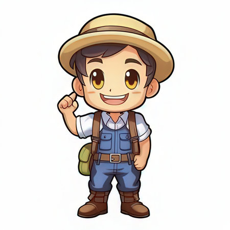 Illustration of a Cute Kid Boy Wearing a Hat and Backpackの素材