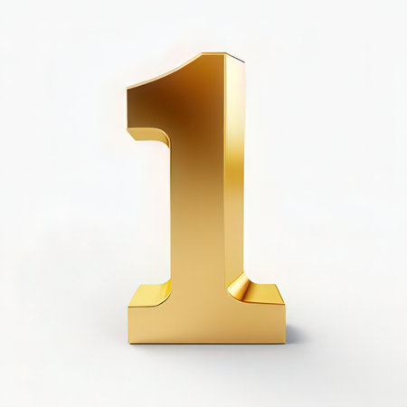 3d matte gold number 1 on white background with shadow, 3d renderの素材