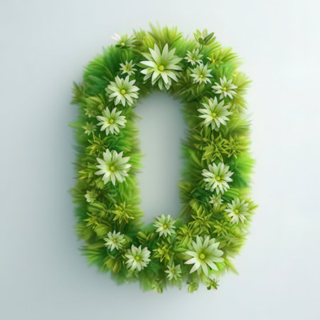 Number 0 made of green grass and flowers isolated on white background. 3d illustrationの素材