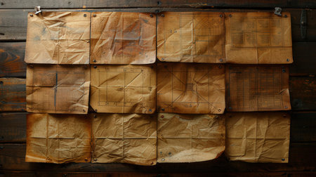 Old paper on a wooden wall. Vintage paper texture for background.の素材
