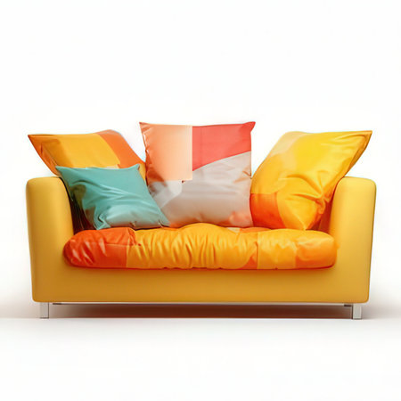 Modern sofa with colorful pillows on white background. 3d renderの素材