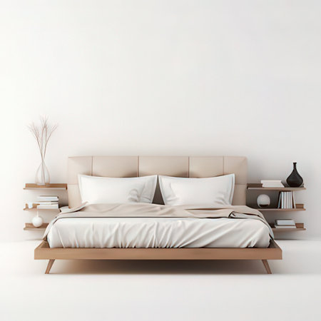 Modern bedroom with white walls, concrete floor, beige master bed with white linen and wooden bookcase. 3d renderingの素材