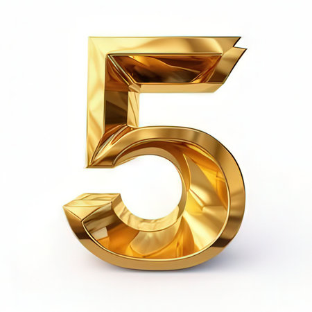 Gold number 5 isolated on white background. 3d render illustration.の素材