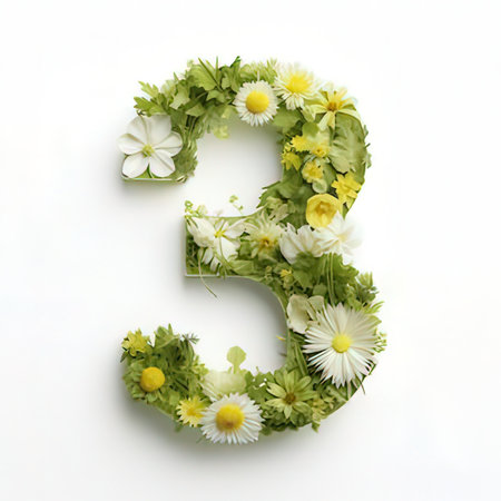Number 3 made of flowers and leaves isolated on a white background.の素材