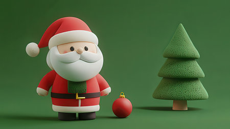 Santa Claus and Christmas tree on green background. 3d illustration.の素材