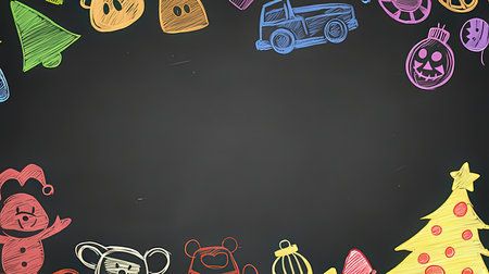 Happy New Year and Merry Christmas. Chalkboard background with hand drawn doodle elements. Vector illustration.の素材