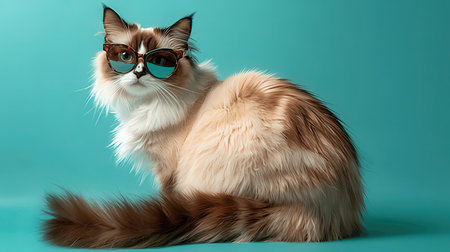 Siberian cat with sunglasses on a turquoise background.の素材