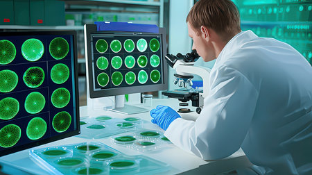 scientist working with microscope in laboratory. science and medicine concept.の素材