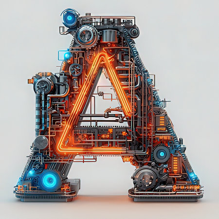 Mechanical alphabet made of neon lights. Letter A. 3D renderingの素材
