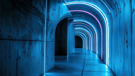 Blue neon light in the dark tunnel. 3d render illustration.の素材