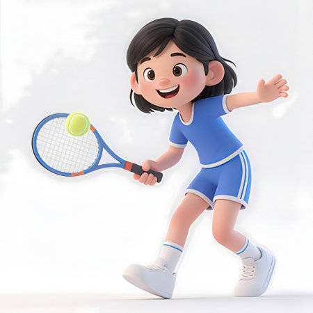 Little girl playing tennis on white background. 3d rendering. Cartoon character.の素材