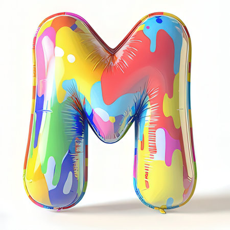 Rainbow balloon font letter M on white background. 3D renderingの素材