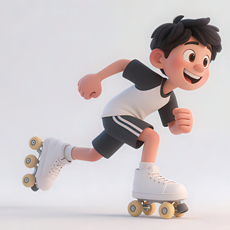 3d illustration of a cartoon boy on roller skates on a white backgroundの素材