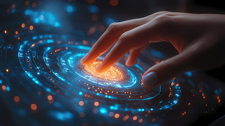 Finger touching virtual button. Futuristic technology concept. 3D Renderingの素材