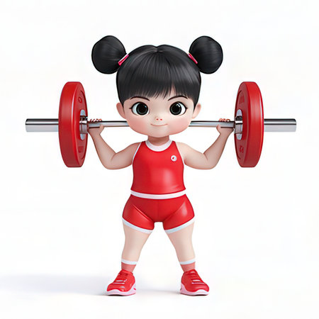 3D Render of Little Asian girl lifting a barbell on white backgroundの素材