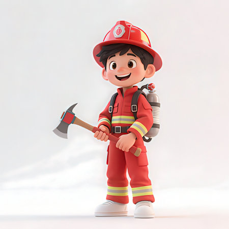 3D Illustration of a Little Boy in a Firefighter Uniformの素材
