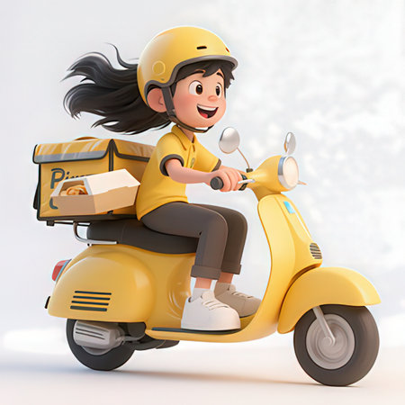3d illustration of a girl riding a scooter with a boxの素材