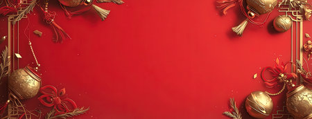 Christmas and New Year holiday background with golden decorations on red background.の素材